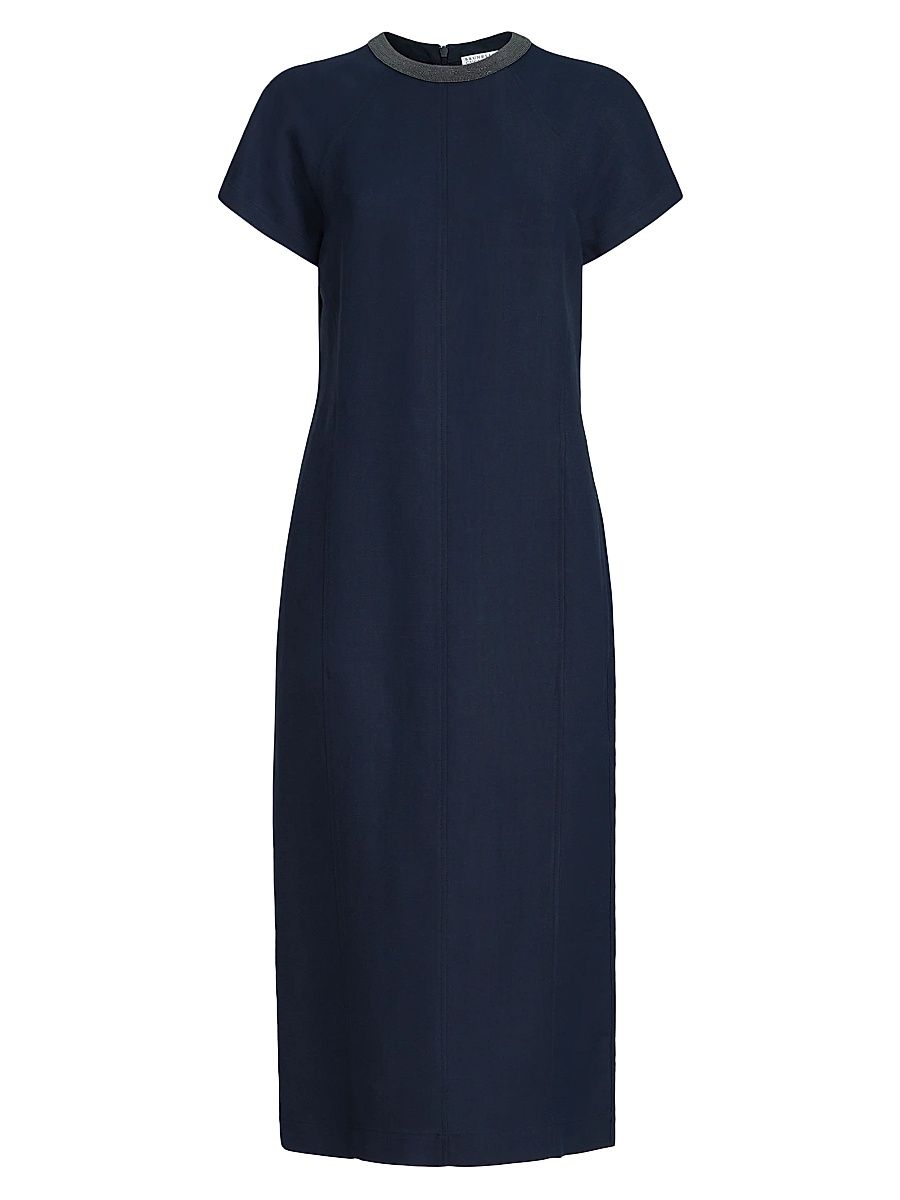 Women's Viscose and Linen Fluid Twill Dress with Precious Collar - Blue - Size XXL