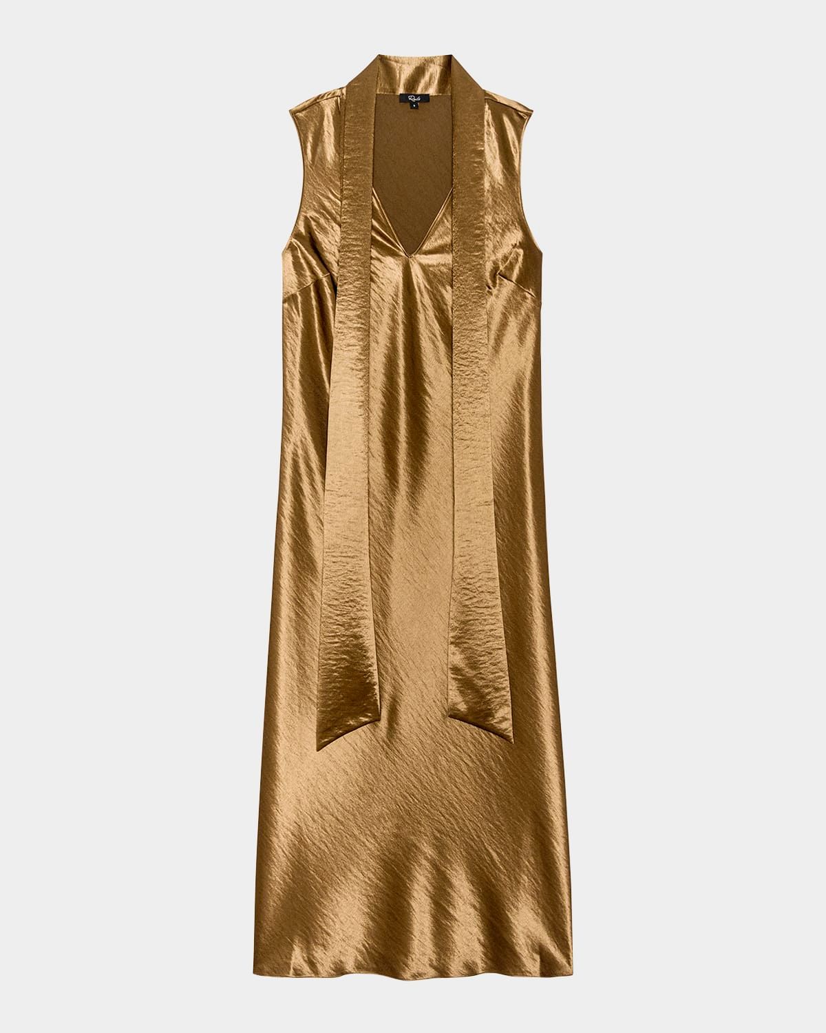 Lorenza Metallic Scarf-Neck Midi Dress