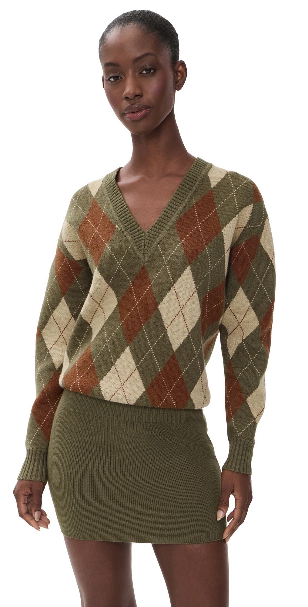 SEROYA Savvy Sweater Dress Olivewood Argyle XL