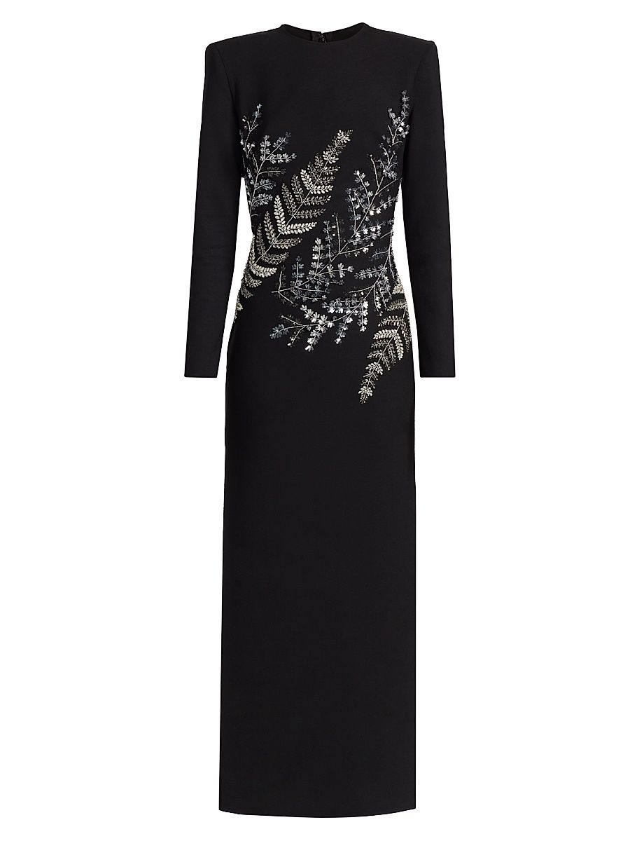 Women's Fern Embroidered Long-Sleeve Stretch-Wool Gown - Black - Size 8