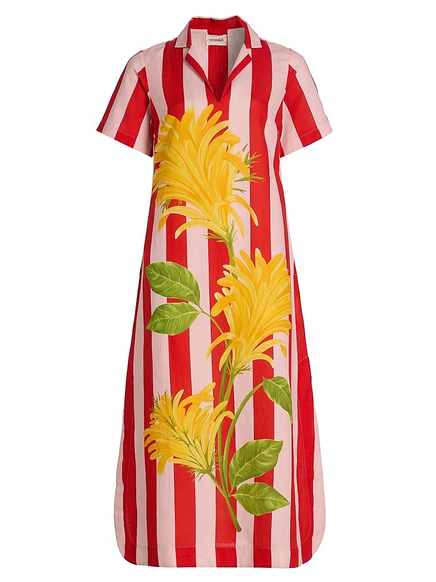 Women's Ammama Jacobina And Stripes Cotton-Linen Shirtdress - Blush And Vermillion Jacobina - Size XL