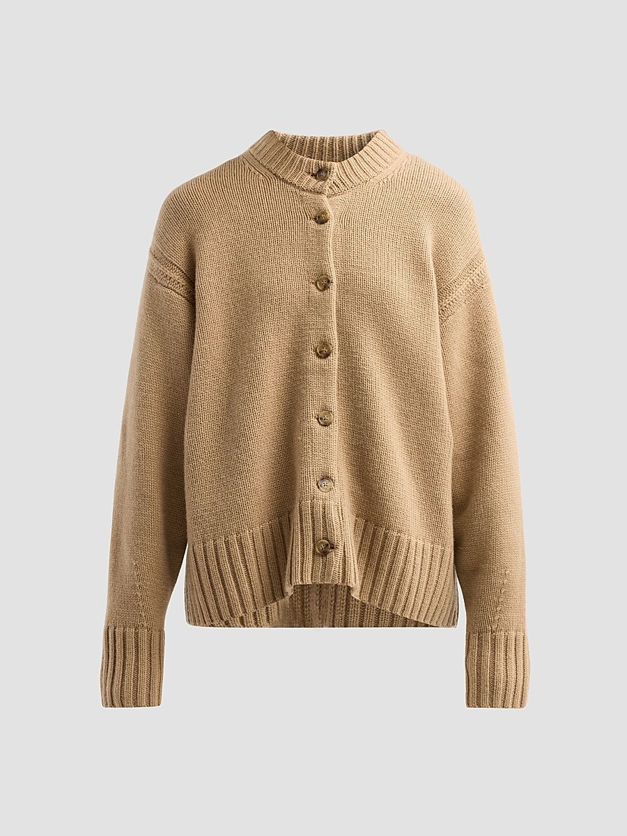 Women's Cozy Cashmere Crewneck Cardigan - Camel - Size Large