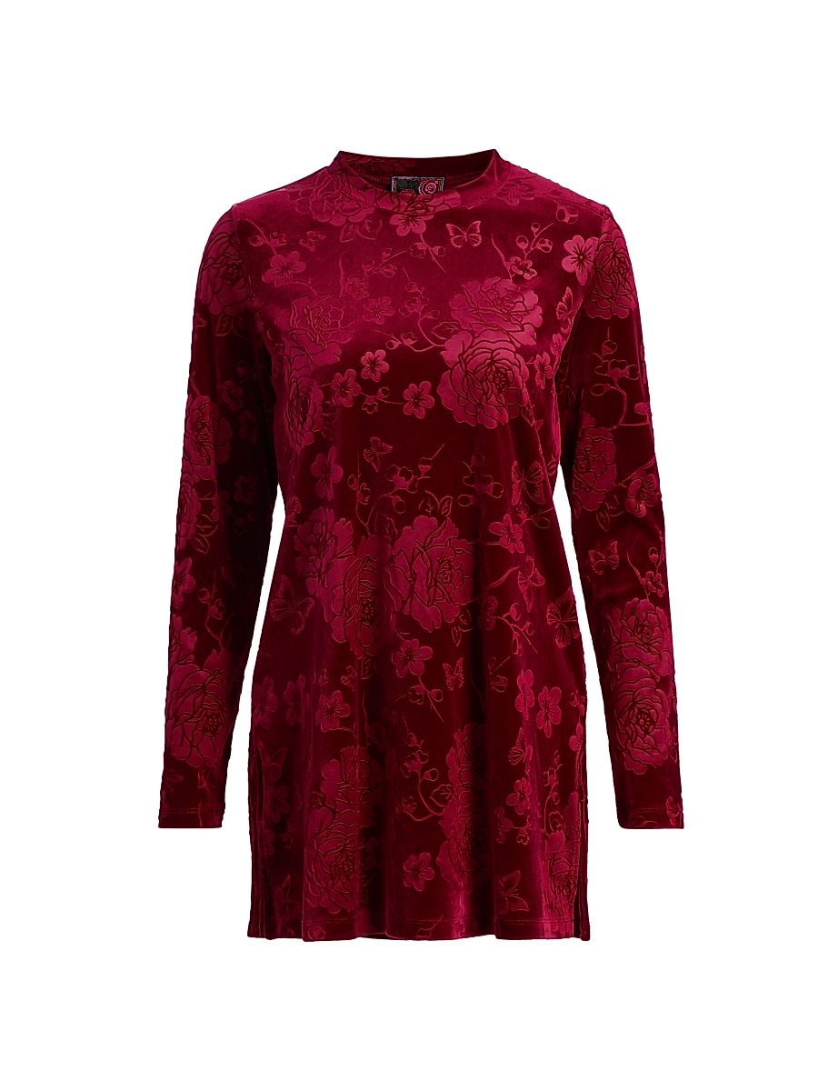 Women's Embossed Stretch Velvet Tunic - Embossed Velvet Red - Size XL