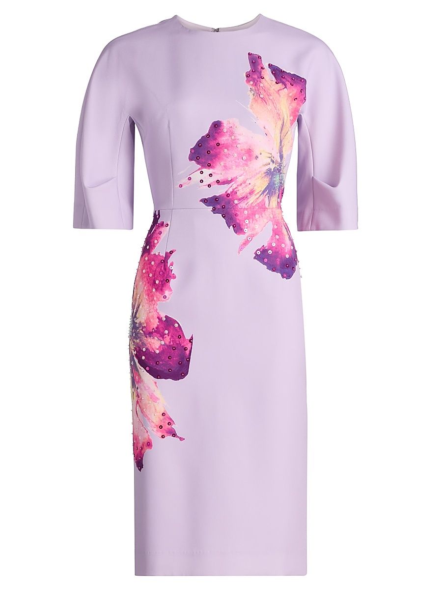 Women's Embellished Crepe Floral Knee-Length Dress - Lavender Multi - Size 18