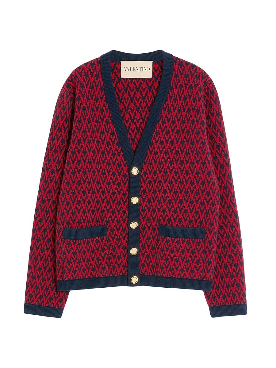 Men's Wool Cardigan with Toute La V Pattern - Red Navy - Size Large