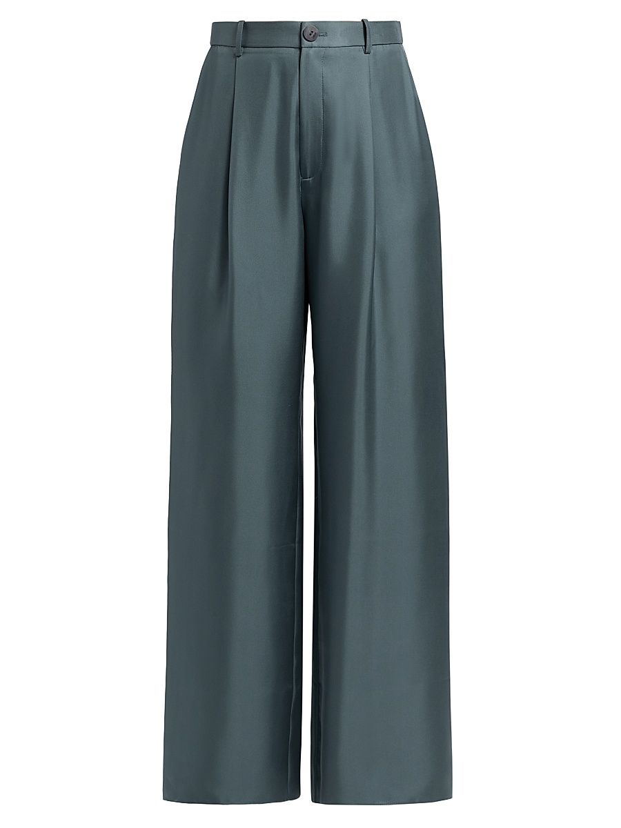 Women's Silk Twill Pleated Wide-Leg Pants - Slate - Size 12