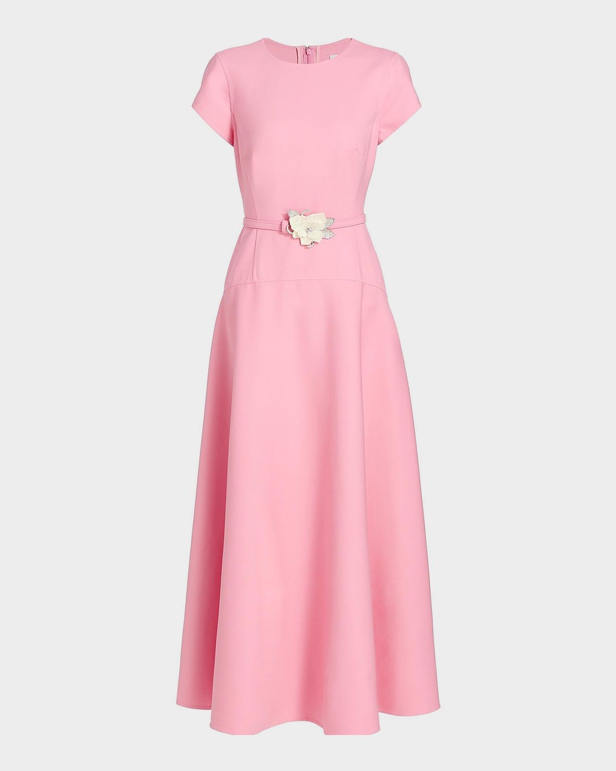 Short-Sleeve Crystal Flower Belted Midi Dress