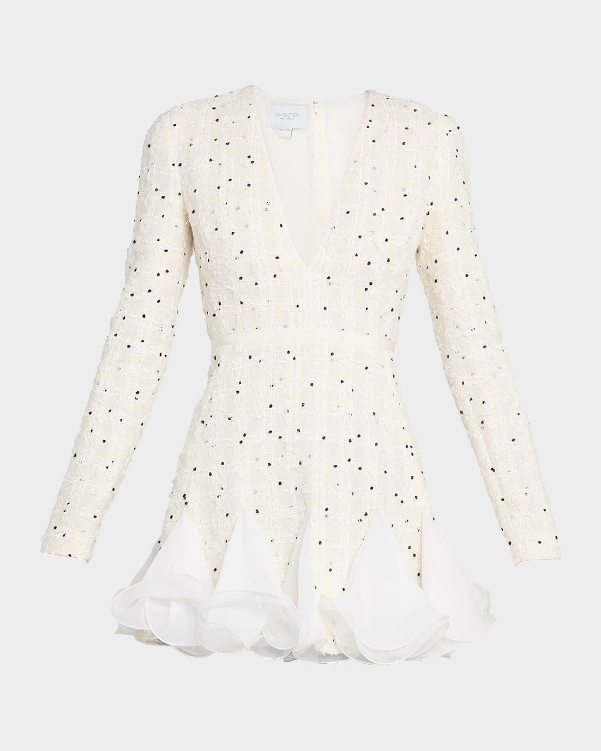 Polka-Dot Boucle Long-Sleeve Godet Mini Dress