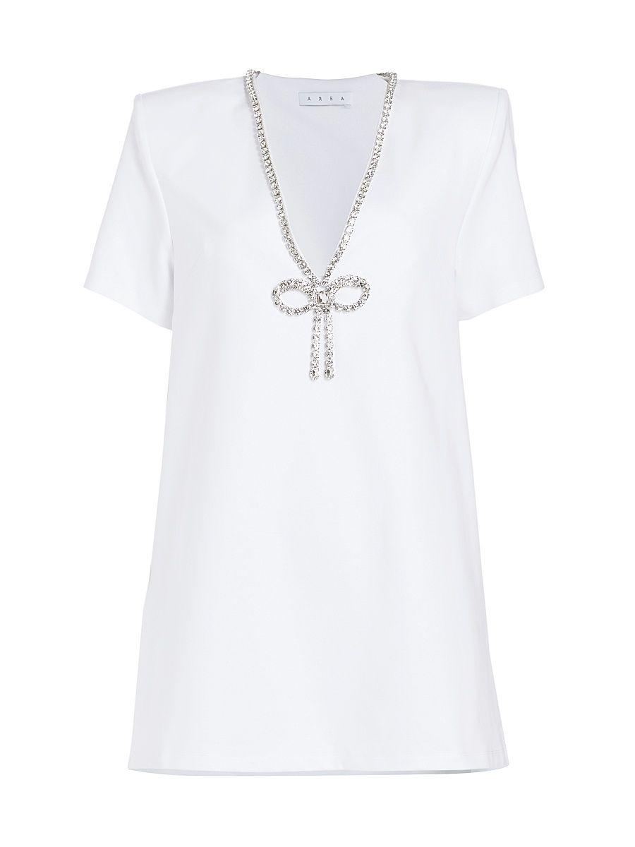 Women's Core Crystal Bow V-Neck T-Shirt Dress - White - Size Large