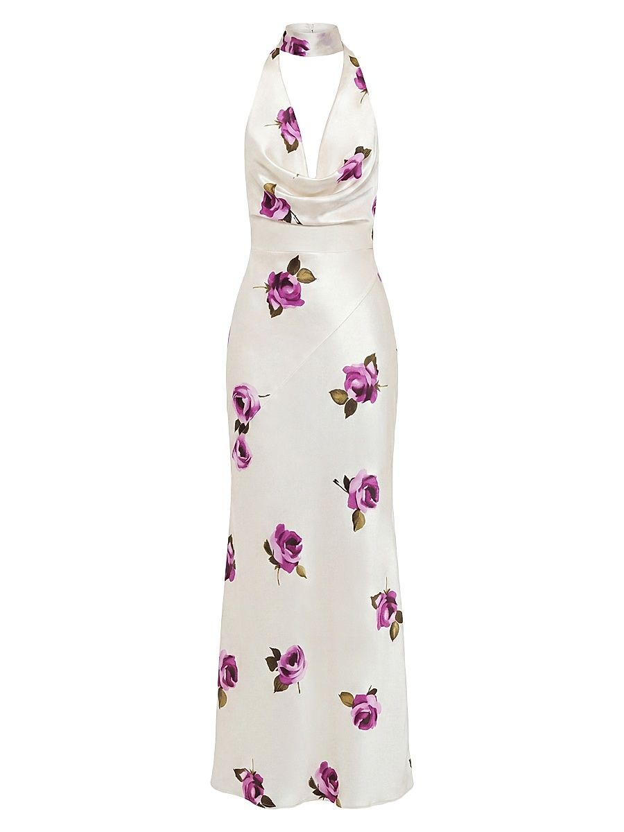 Women's Lyria Rose-Print Halter Satin Gown - Floating Rosebuds - Size 12