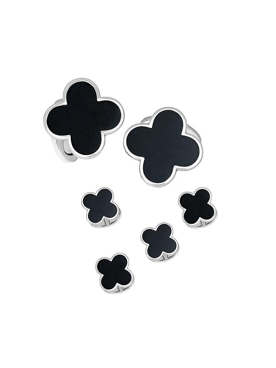 Men's Clover Rhodium-Plated Black Onyx 6-Piece Cufflinks & Shirt Stud Set - Black
