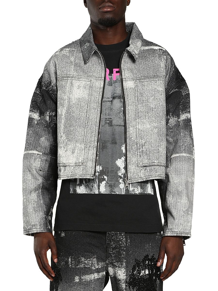 Men's Palm Tree Denim Crop Jacket - Black - Size XXL