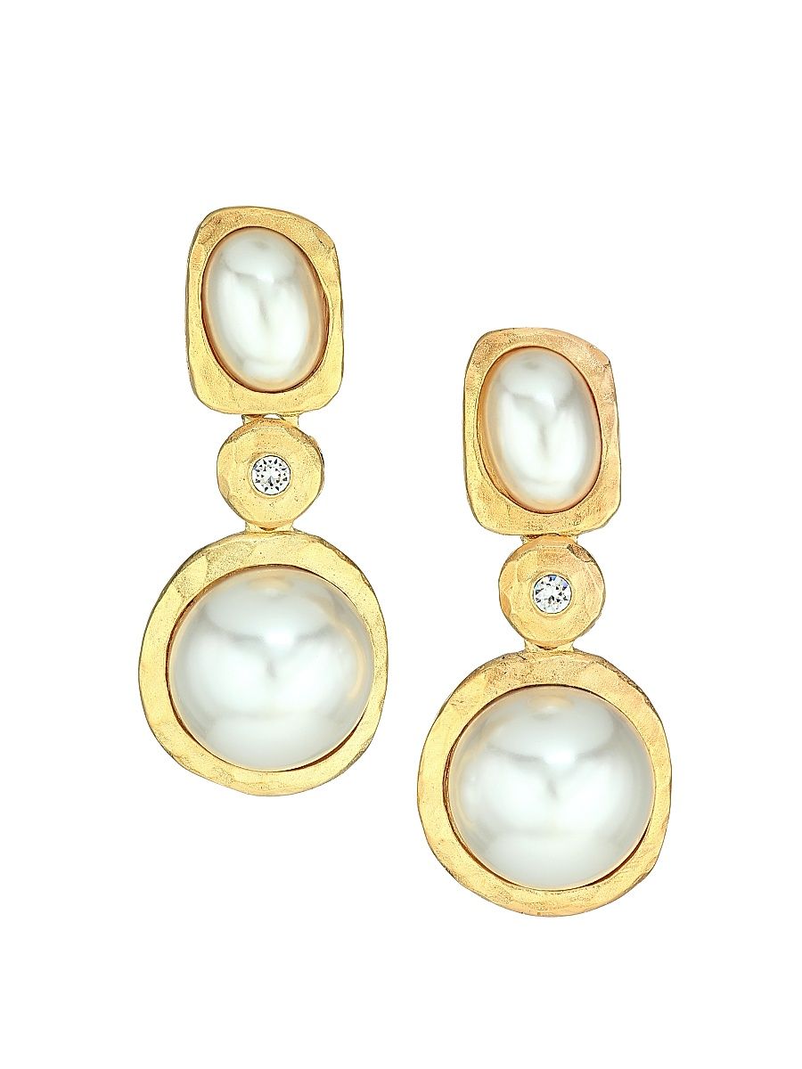 Women's Satin Goldplated, Faux Pearl & Crystal Drop Clip-On Earrings - Satin Gold Pearl
