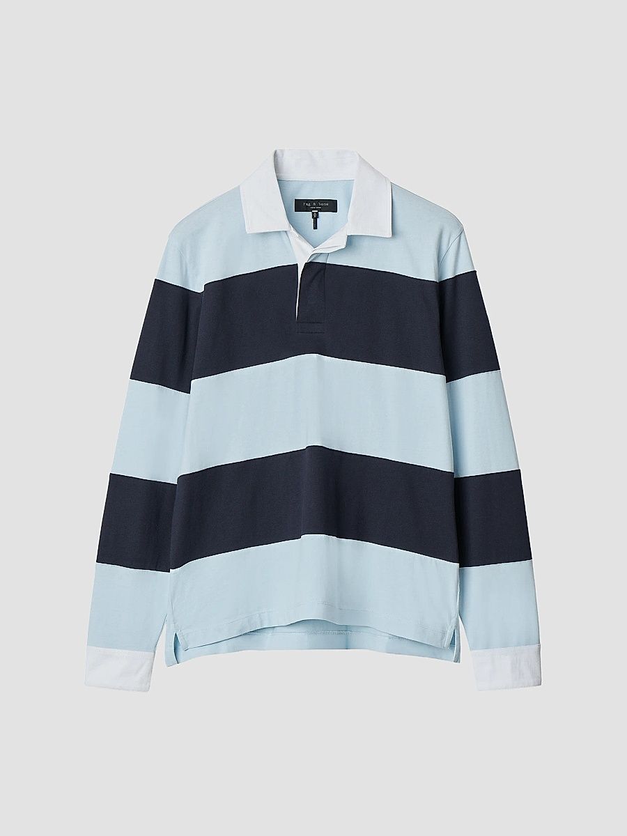 rag & bone Men's Striped Cotton Rugby T-Shirt - Light Blue Multi - Size Small