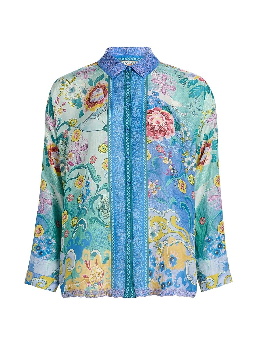 Women's Audrey Printed Silk Shirt - Altair Scarf - Size XL