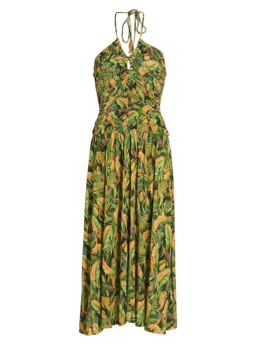 Women's Parrot-Print Ruched Midi Dress - Green - Size XL