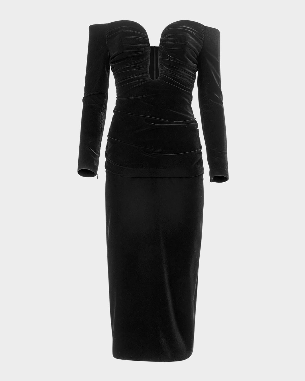 Ruched Plunging Off-Shoulder Velvet Midi Dress