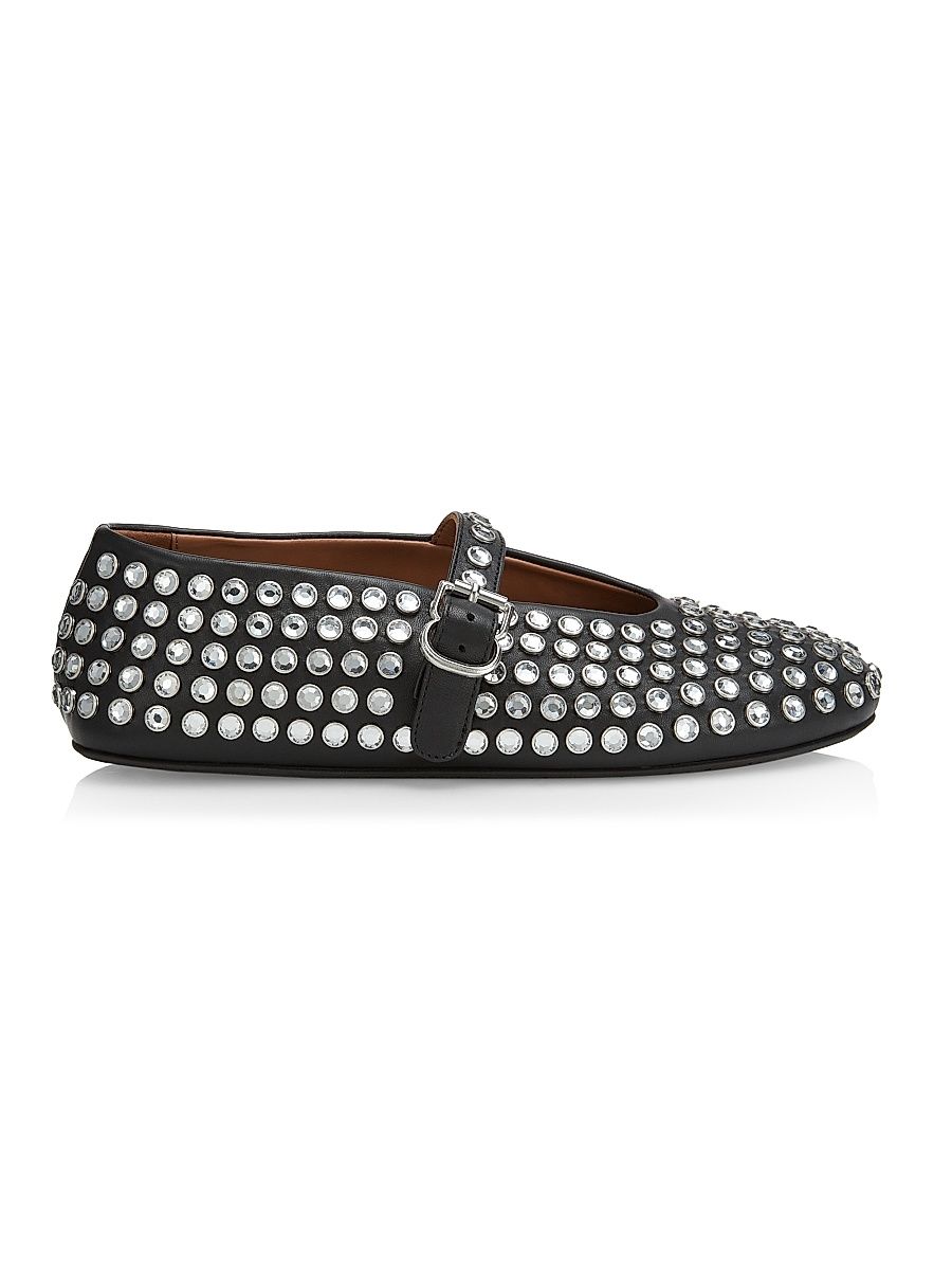 Women's Embellished Leather Mary Jane Flats - Noir - Size 6