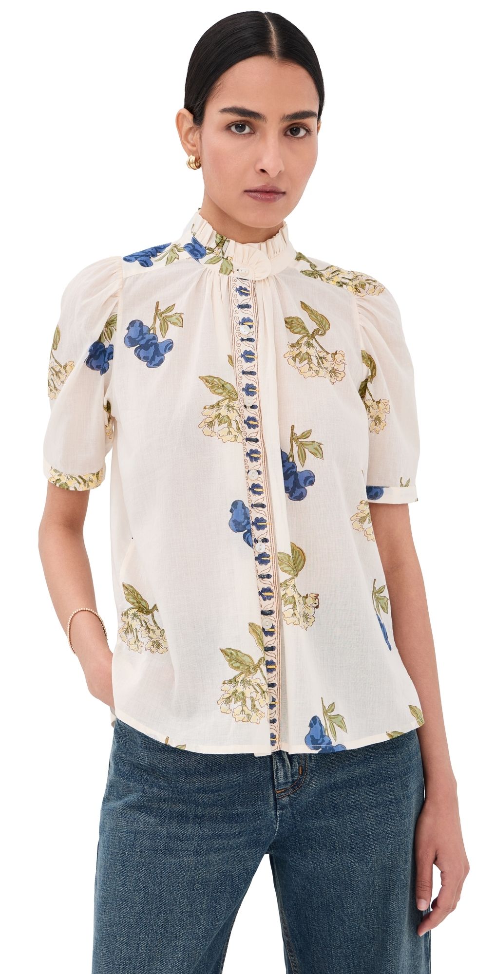 Alix of Bohemia Winnie Blueberry Flora Shirt Off-White XS