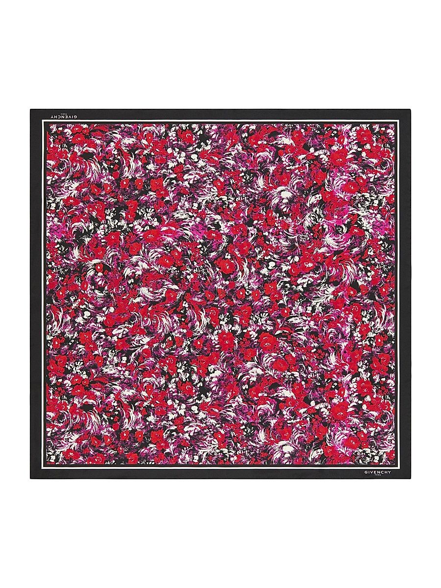Women's Square in Silk with Floral Print - Black Fuchsia