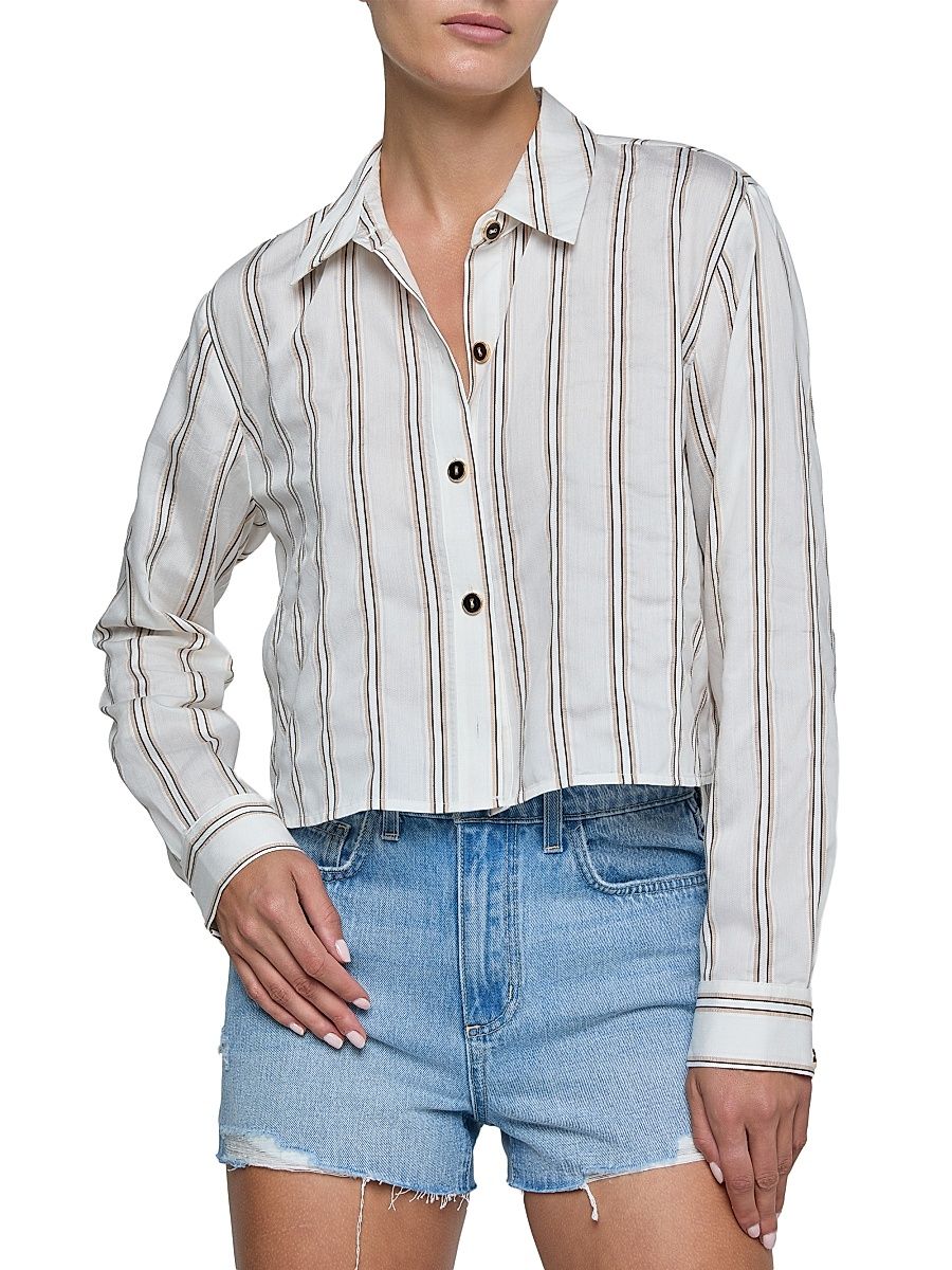 Women's Cosette Shadow Striped Crop Shirt - Ivory Khaki Black Stripe - Size XL