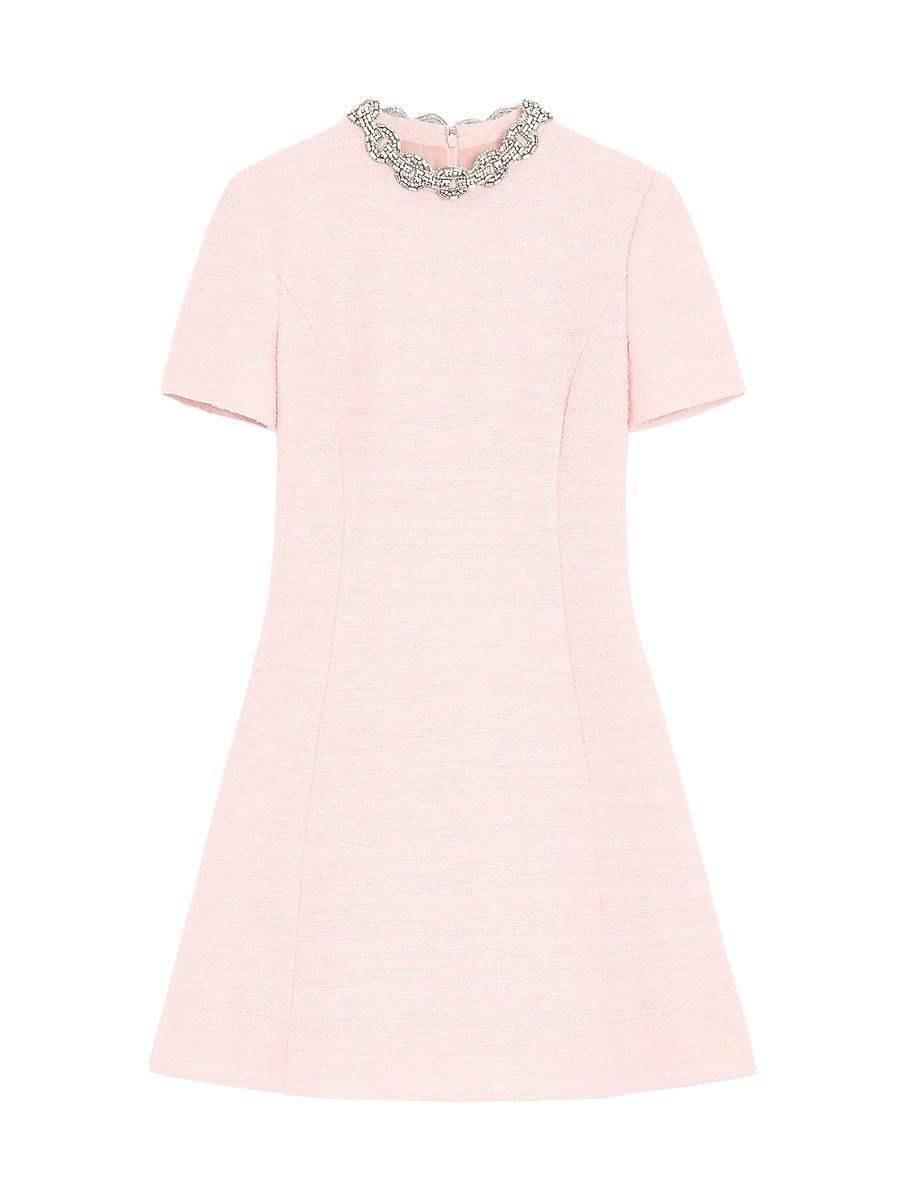 Women's Embroidered Crinkle Cotton Tweed Short Dress - Pink - Size 2