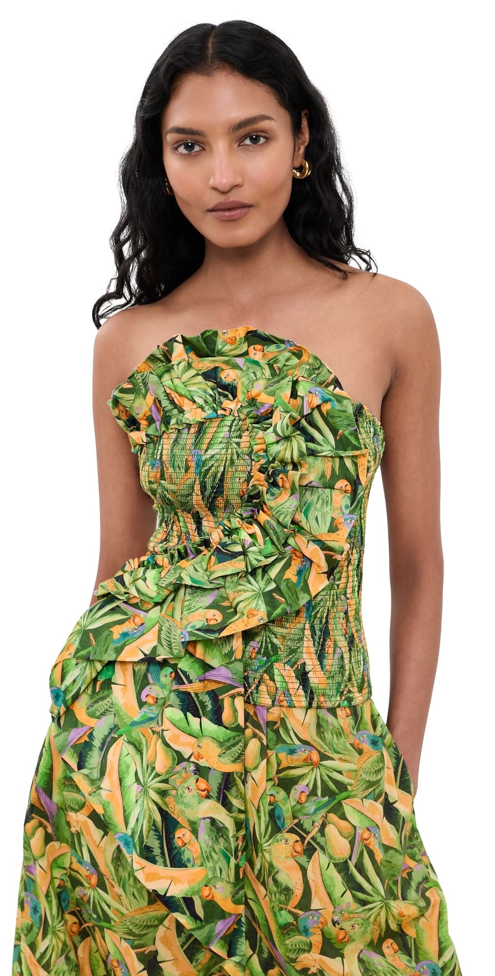 FARM Rio Smocked Strapless Top Parrots Forest Green XXS