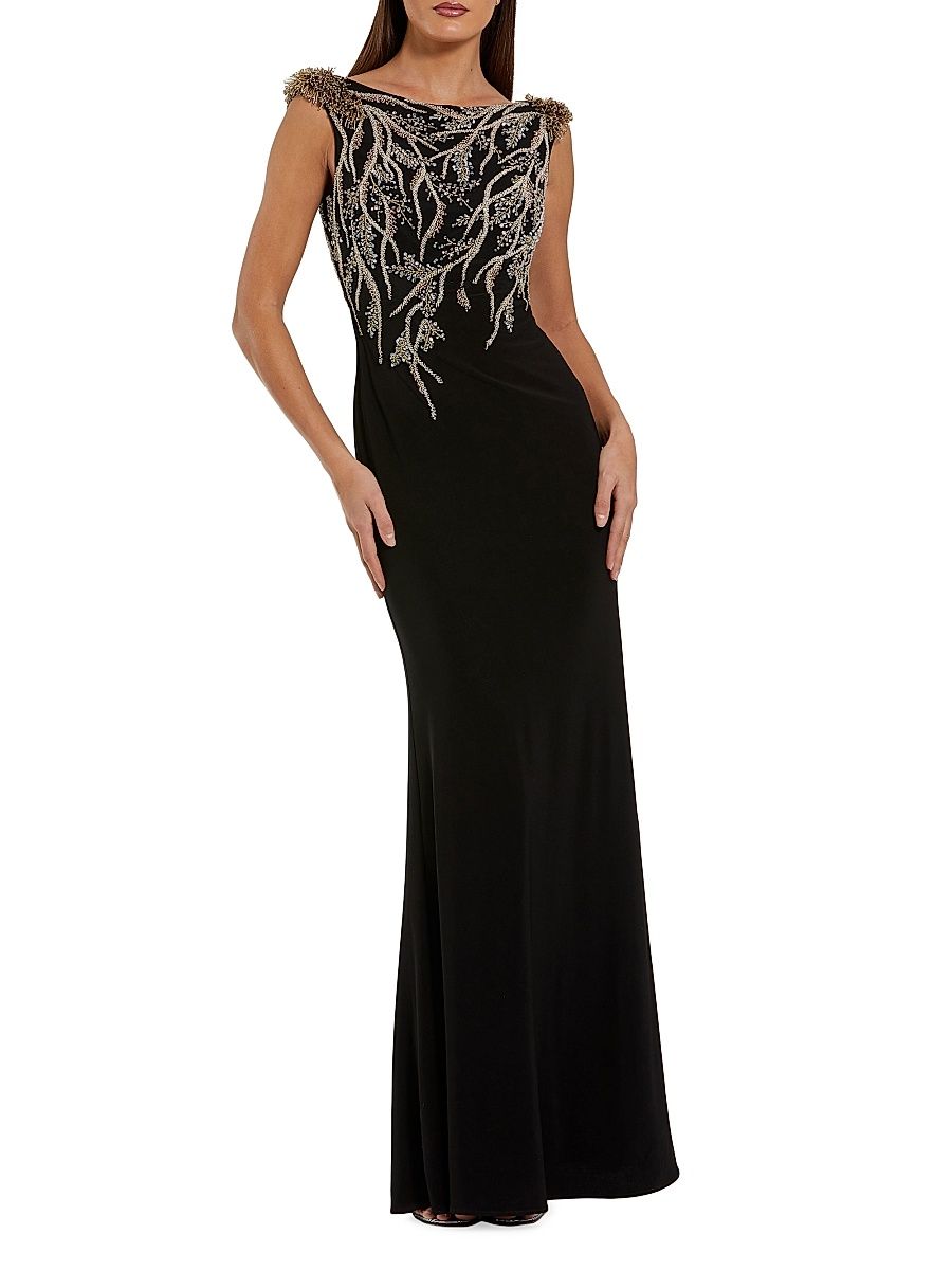 Women's Branch-Embellished Jersey Column Gown - Black - Size 14