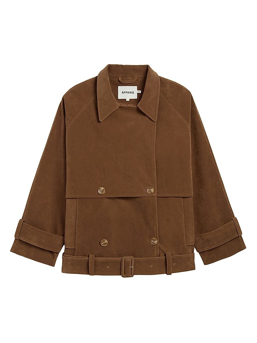 Women's Gaia Faux Suede Short Trench Coat - Saddle Brown - Size XL