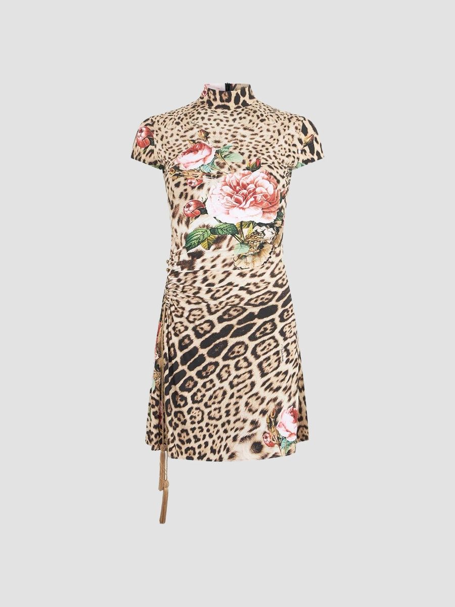 Roberto Cavalli Women's Floral Cheetah-Print Mock Turtleneck Mini Dress - Natural - Size 12