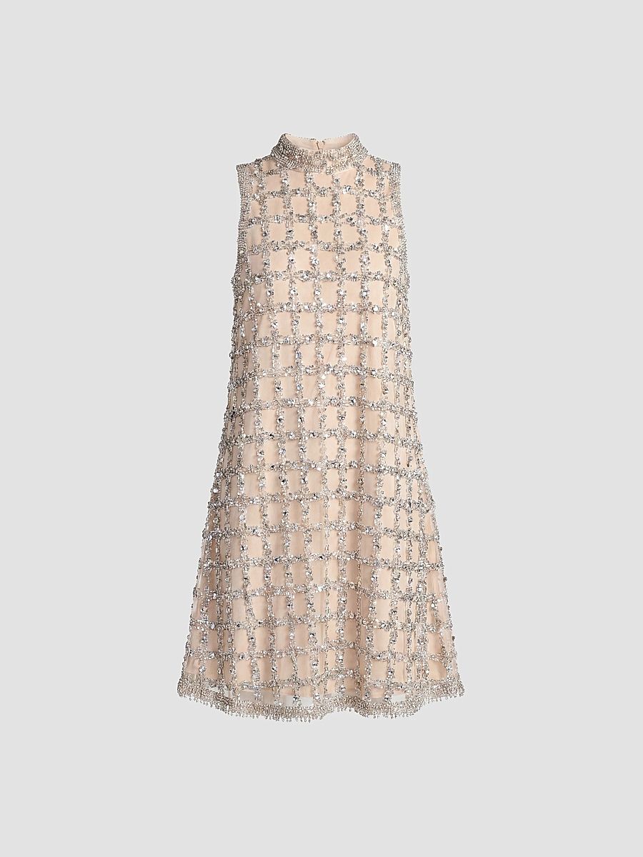 Mac Duggal Women's Embellished Mesh Sleeveless Mini Dress - Silver Beige - Size Medium