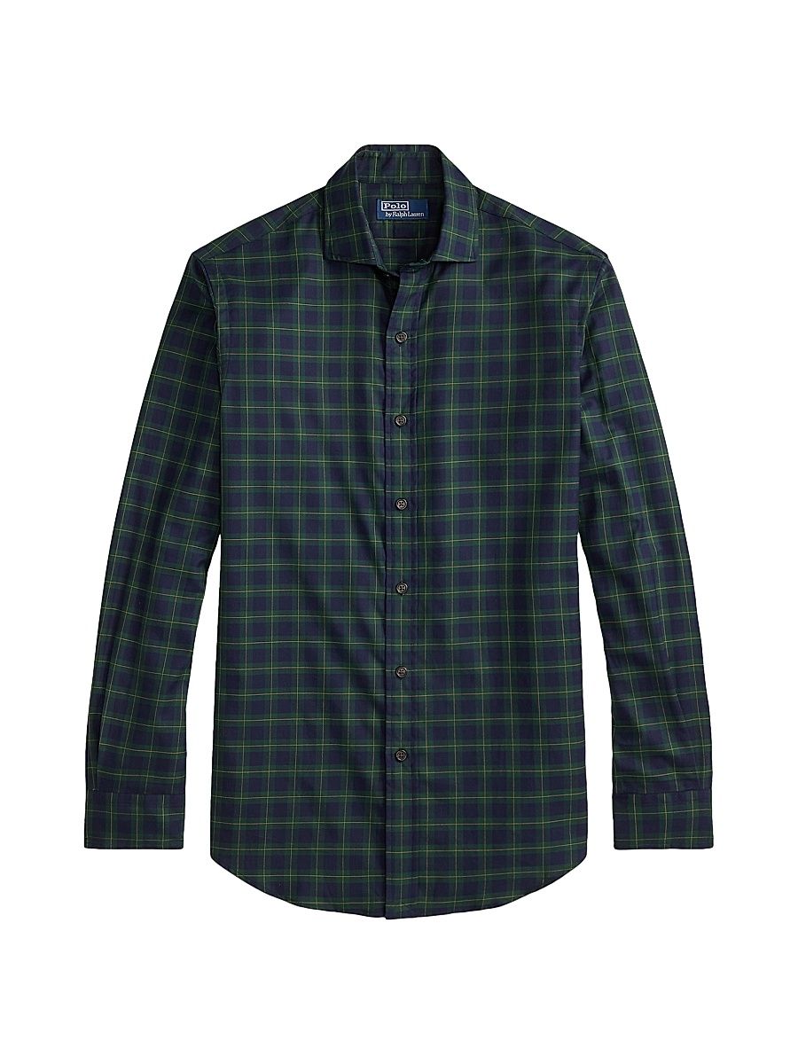 Men's Classic-Fit Plaid Twill Button-Front Shirt - Navy Green Multi - Size XS
