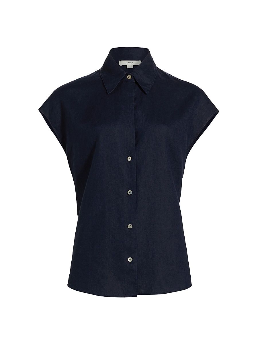 Women's Linen Cap-Sleeve Blouse - Coastal Blue - Size XS