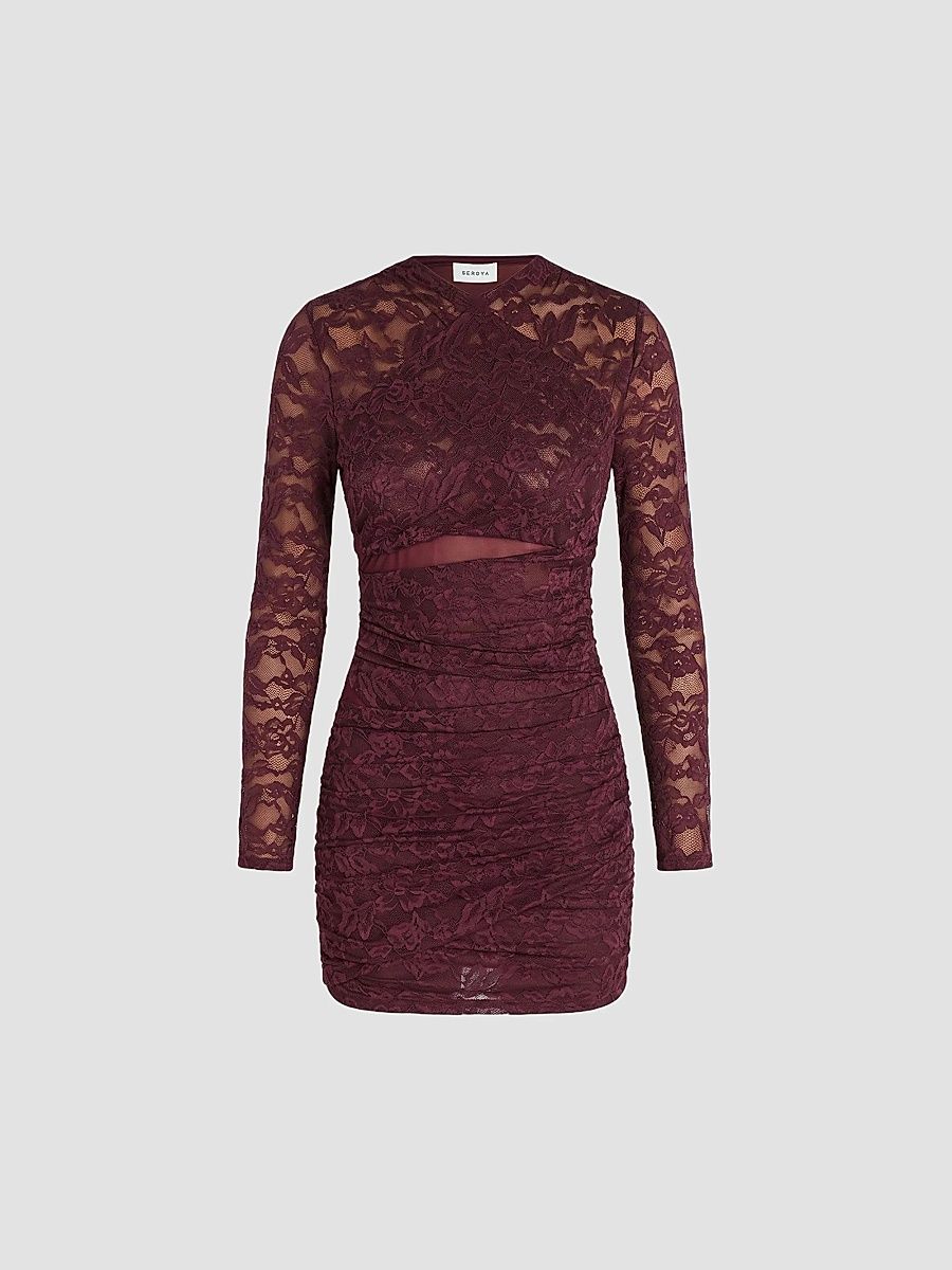 SEROYA Women's Moxey Ruched Lace Mini Dress - Bordeaux - Size XL