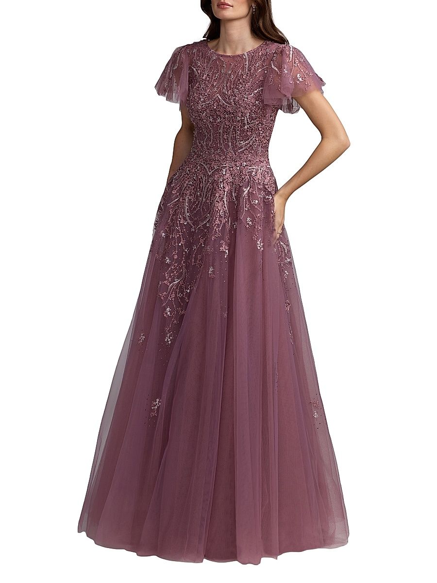 Women's Embroidered Tulle Flutter Sleeve Gown - Wisteria - Size 18
