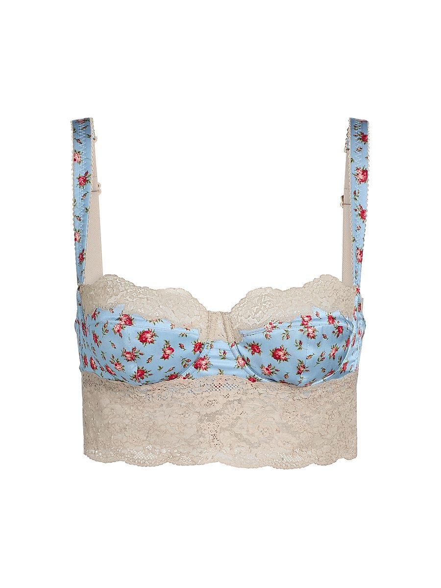 Women's Roselline Rose Print Silk-Blend Balconette Bra - Roselline Celeste - Size Large
