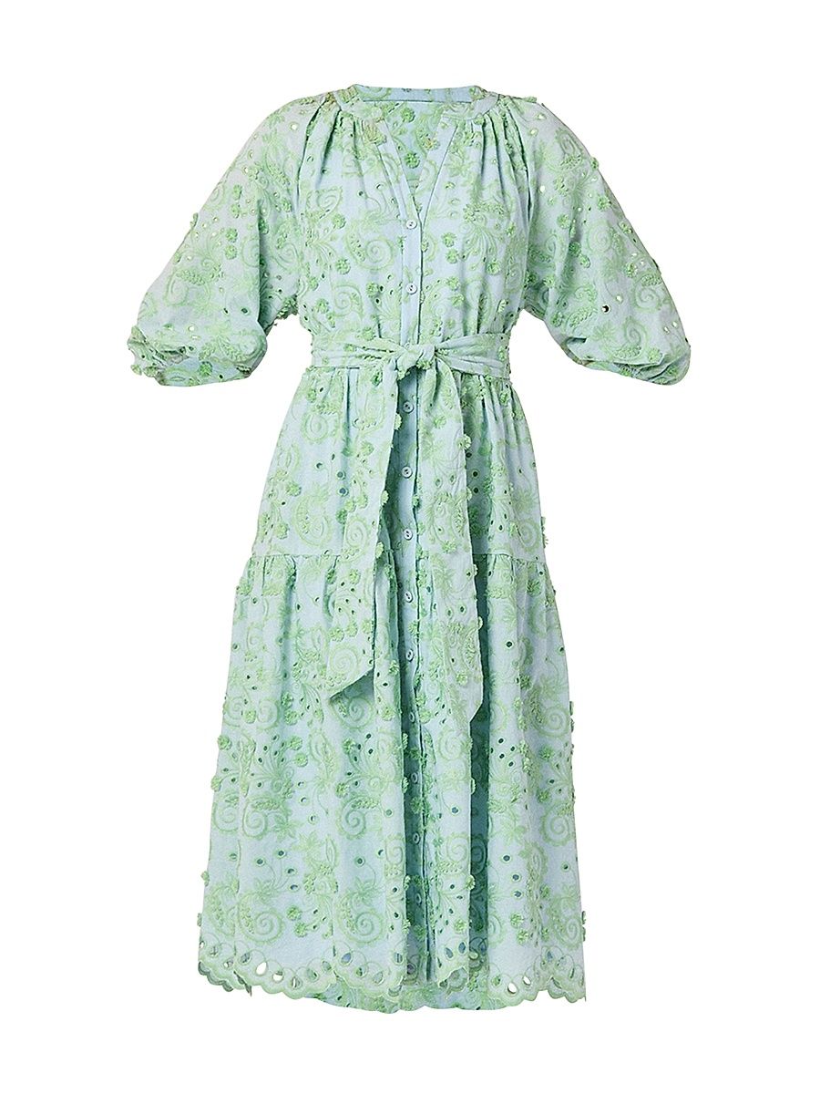 Shoshanna Women's Denver Tiered Eyelet-Embroidered Midi-Dress - Blue Green - Size 8