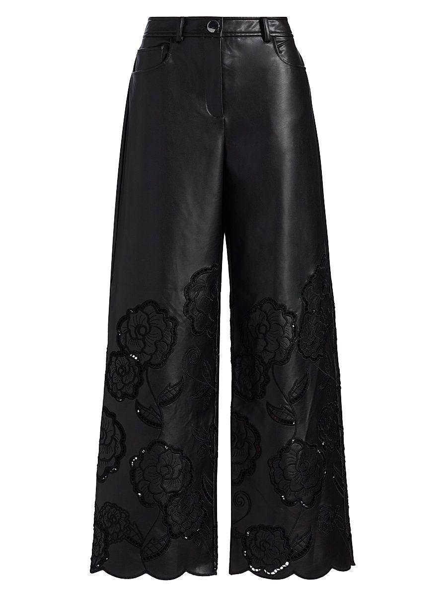 Women's Shawn Embroidered Faux-Leather Straight-Leg Pants - Jet - Size 14