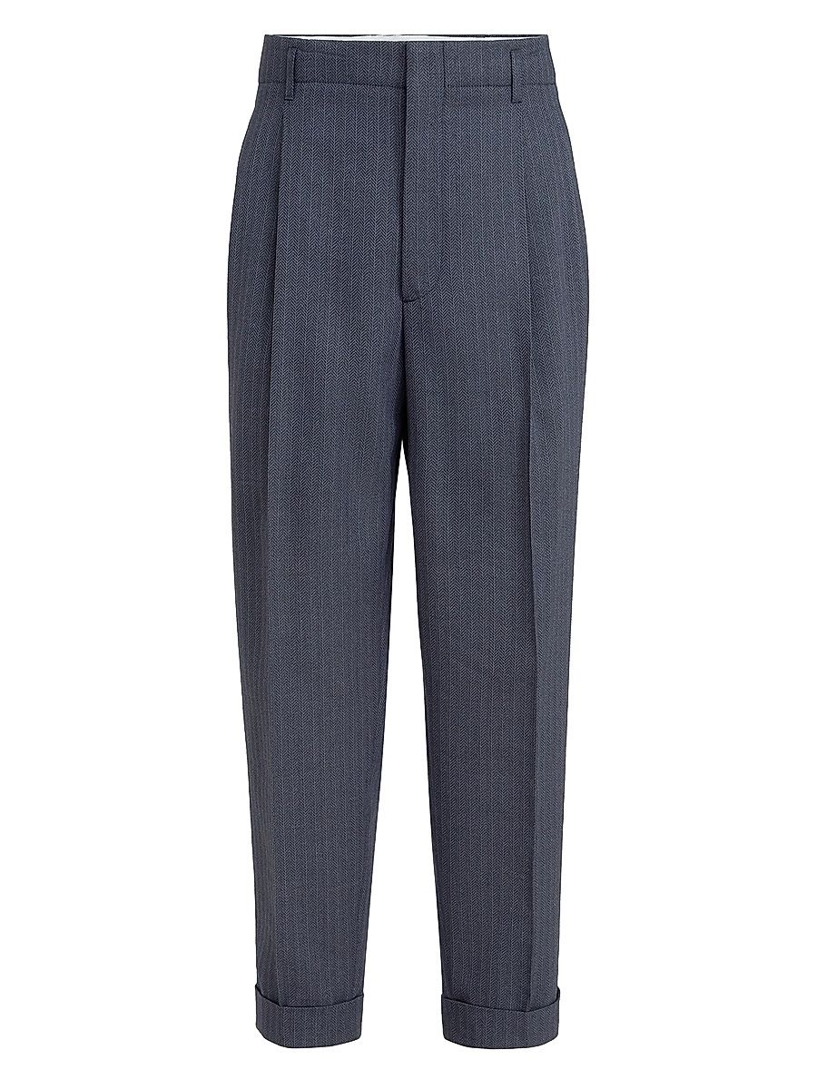 Men's Virgin Wool and Paper Fiber Chevron Trousers with Double Pleats - Navy Blue - Size 48