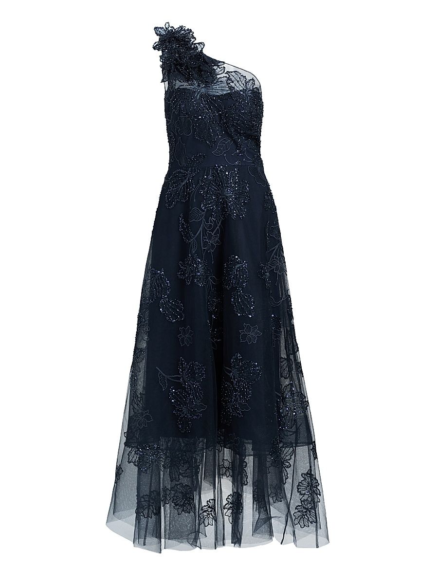 Women's Flower Embellished One-Shoulder Tea-Length Dress - Navy - Size 16