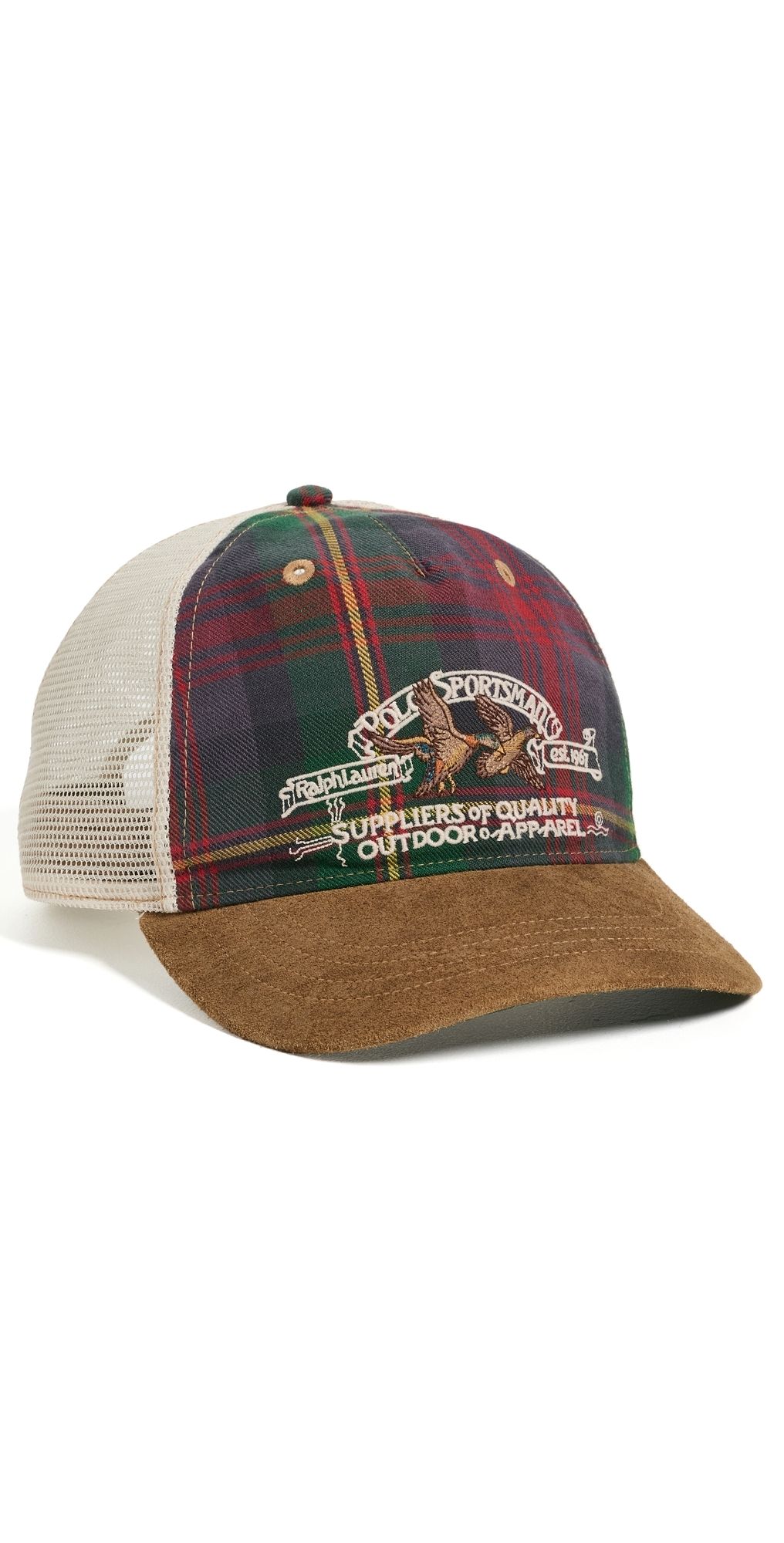 Polo Ralph Lauren Sueded Flannel Vintage Trucker Cap Green Red Multi/Brown Suede One Size