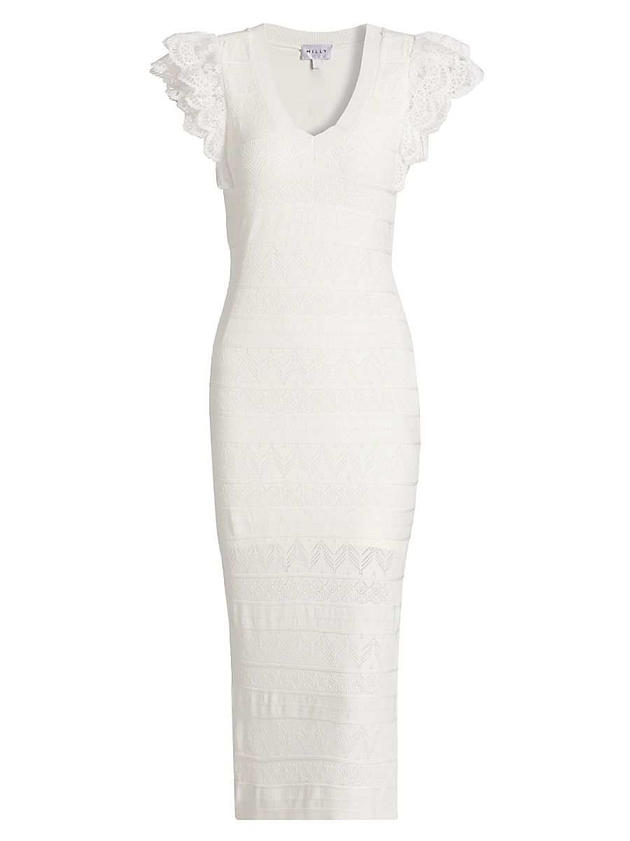 Women's Knit Lace Flutter-Sleeve Body-Con Dress - Ecru - Size Medium