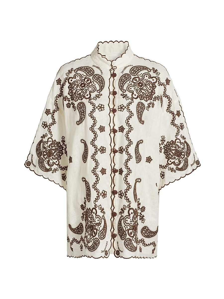 Women's Ascension Embroidered Linen Shirt - Ivory Chocolate - Size 4