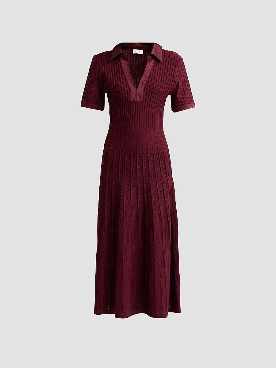 Women's Dylan Johnny-Collar Ribbed Midi Dress - Burgundy - Size Small