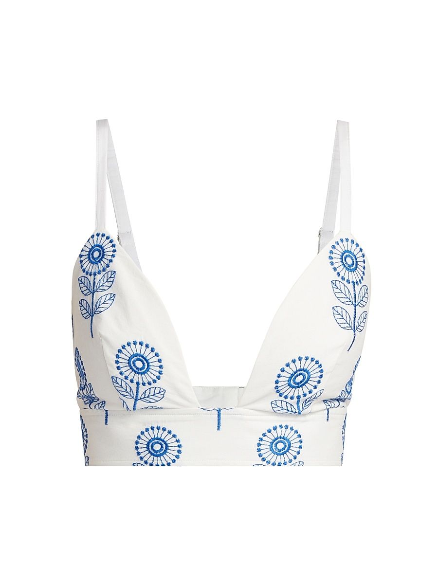 Women's Poppy-Embroidered Cotton Bralette Top - White Blue - Size Large