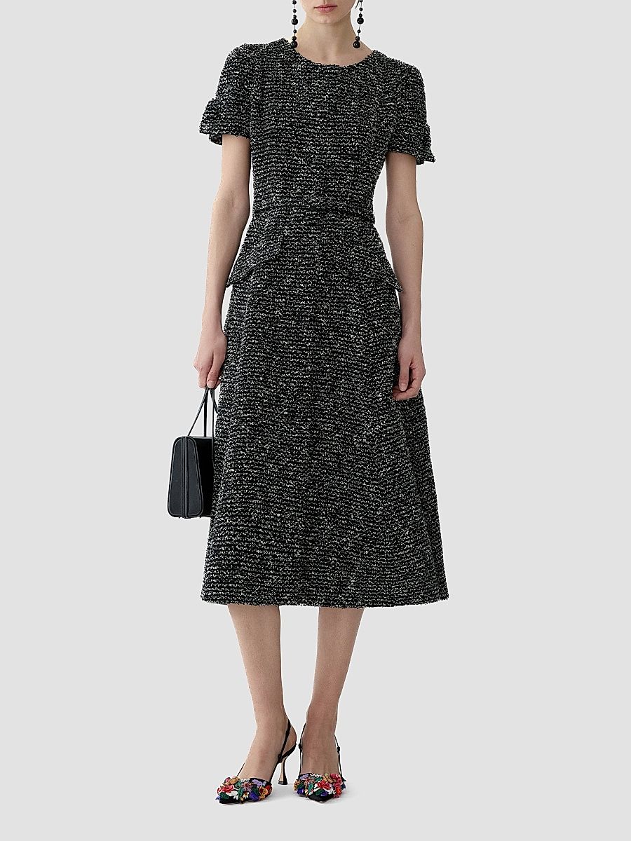Carolina Herrera Women's Metallic Tweed Belted Midi Dress - Black White - Size 16