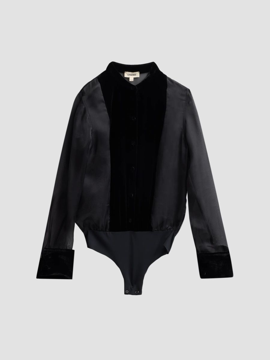 L'AGENCE Women's Marisol Velvet-Mesh Bodysuit - Black - Size XS