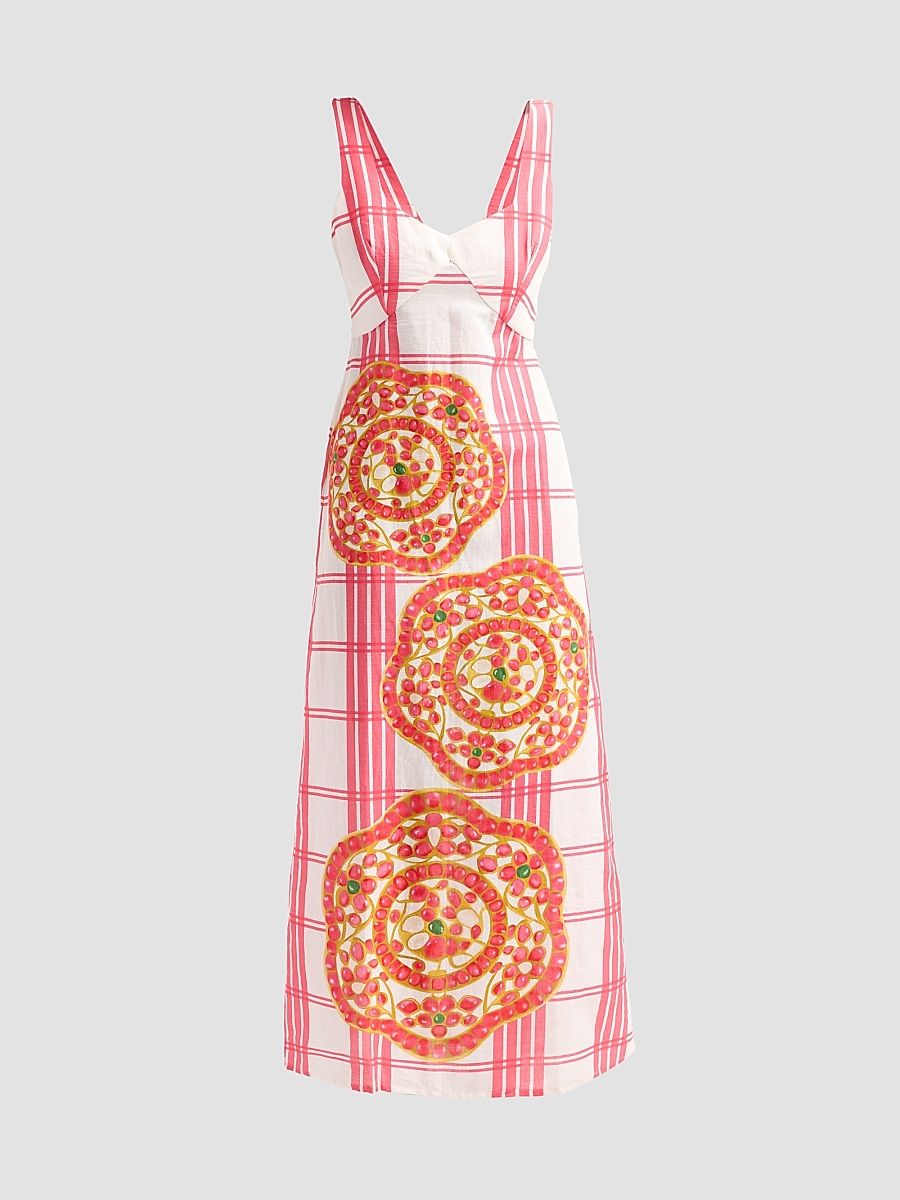 Women's Bejewelled Linen Summer Maxi Dress - Ivory And Ruby - Size XL