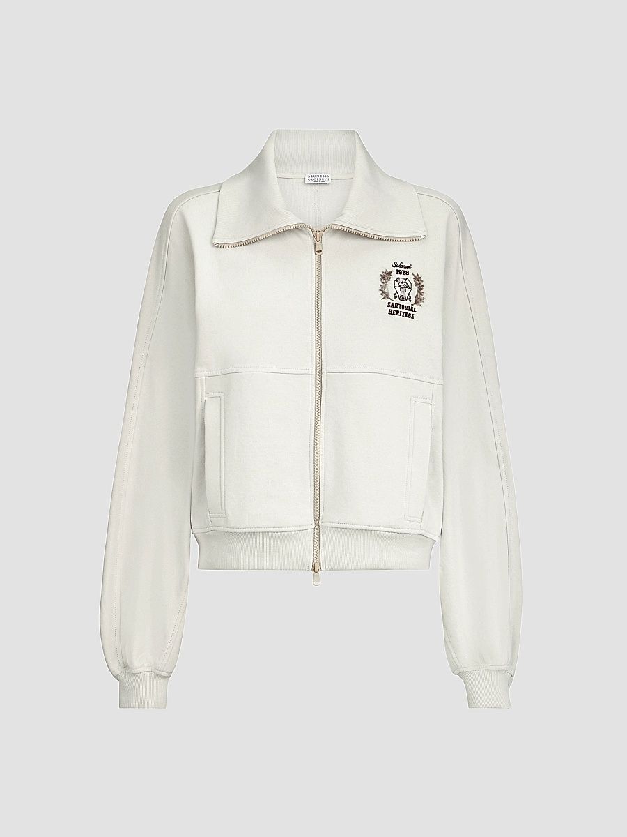Women's Cotton Smooth French Terry Sweatshirt with Zip and Embroidered Logo - Milk - Size Small