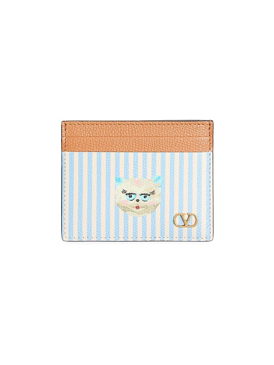 Men's VLogo Signature Wallet in Grainy Calfskin with Le Chat De La Maison Print - Azure Ivory